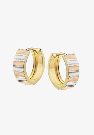Orecchini a cerchio in tono oro con un design testurizzato caratterizzato da strisce alternate di oro rosa, argento e oro lucido. Finitura interna liscia.