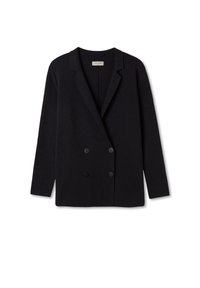 Černý dvouřadý blejzr vyrobený z měkké tkaniny, s klopovým límcem, dlouhými rukávy a dvěma předními knoflíky. Jednoduchý design.