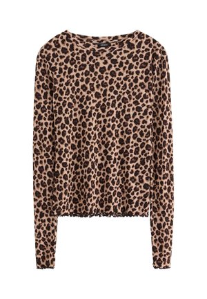 Langärmliges, Rundhals-Shirt mit braunem und schwarzem Leopardenmuster sowie einem gewellten Saum und gewellten Bündchen.