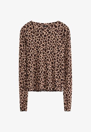Langærmet skjorte med rund hals i brun og sort leopardprint med ruflede kanter på længderne og manchetterne.