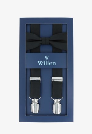 Black suspenders with silver clips and a matching bow tie, packaged in a navy blue box with a logo and brand name "Willen."