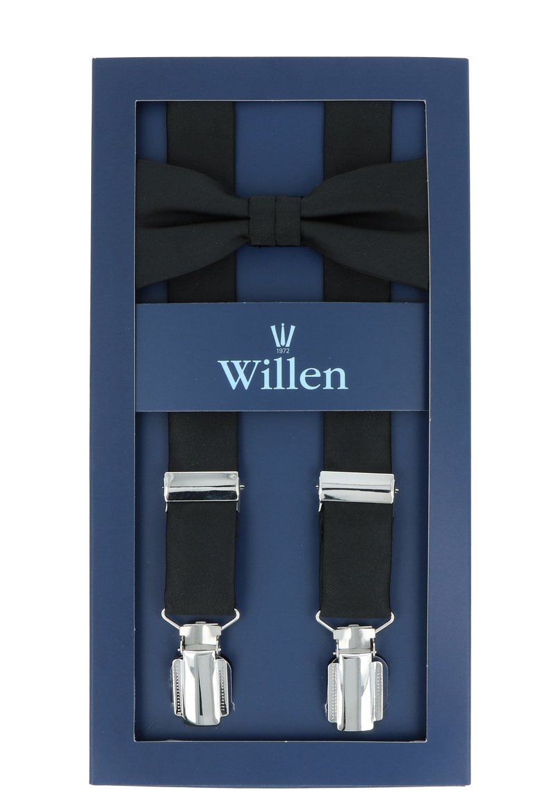 Schwarze Hosenträger mit silbernen Clips und einer passenden Fliege, verpackt in einer navyblauen Box mit einem Logo und dem Markennamen "Willen."