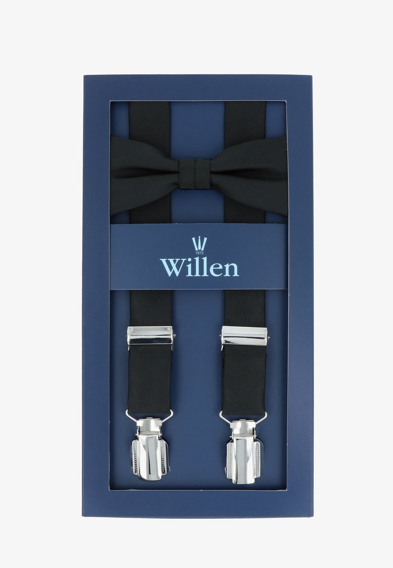 Schwarze Hosenträger mit silbernen Clips und einer passenden Fliege, verpackt in einer navyblauen Box mit einem Logo und dem Markennamen "Willen."