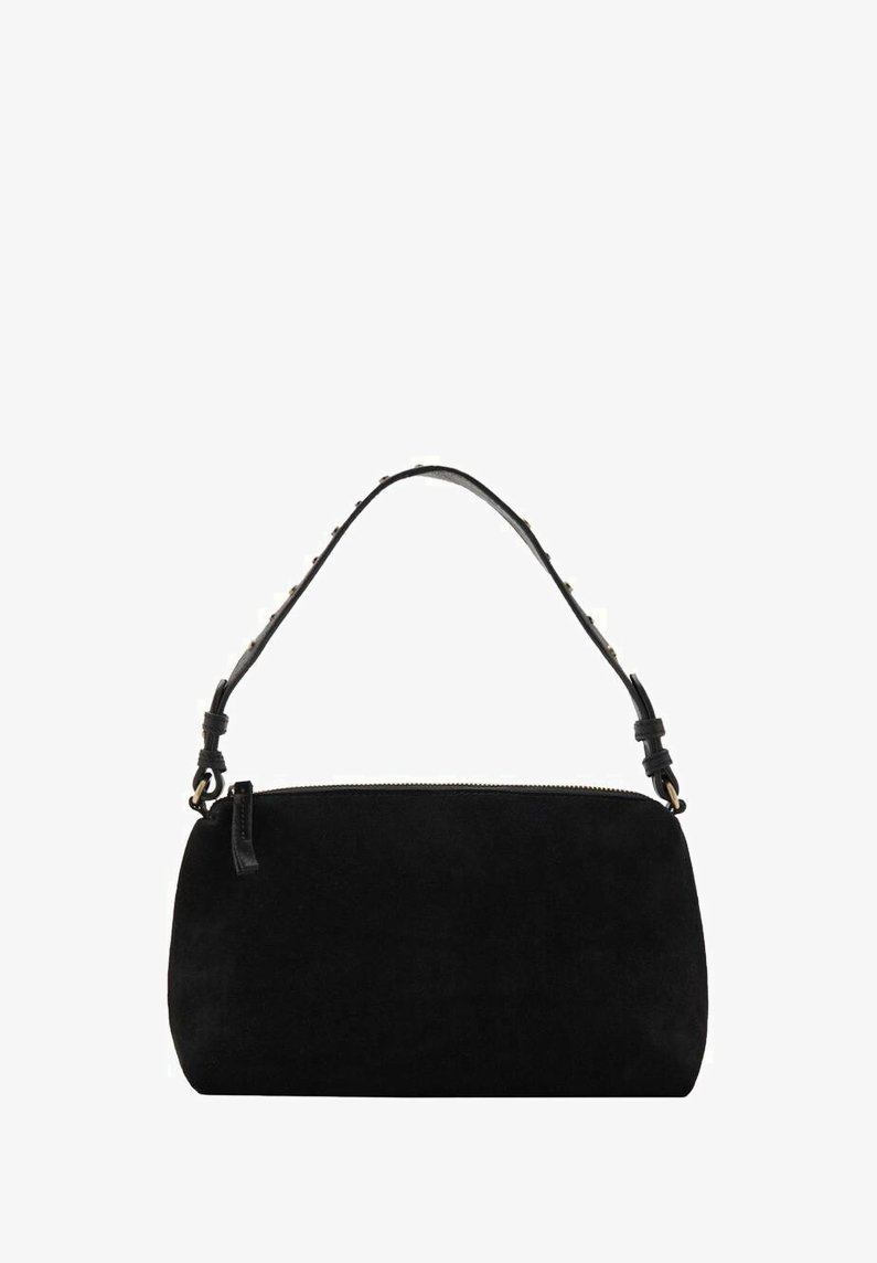 Crna torba od brušene kože s okruglim oblikom, zatvaranjem na zatvarač i kratkim kožnim naramenicom s ukrasnim detaljima.