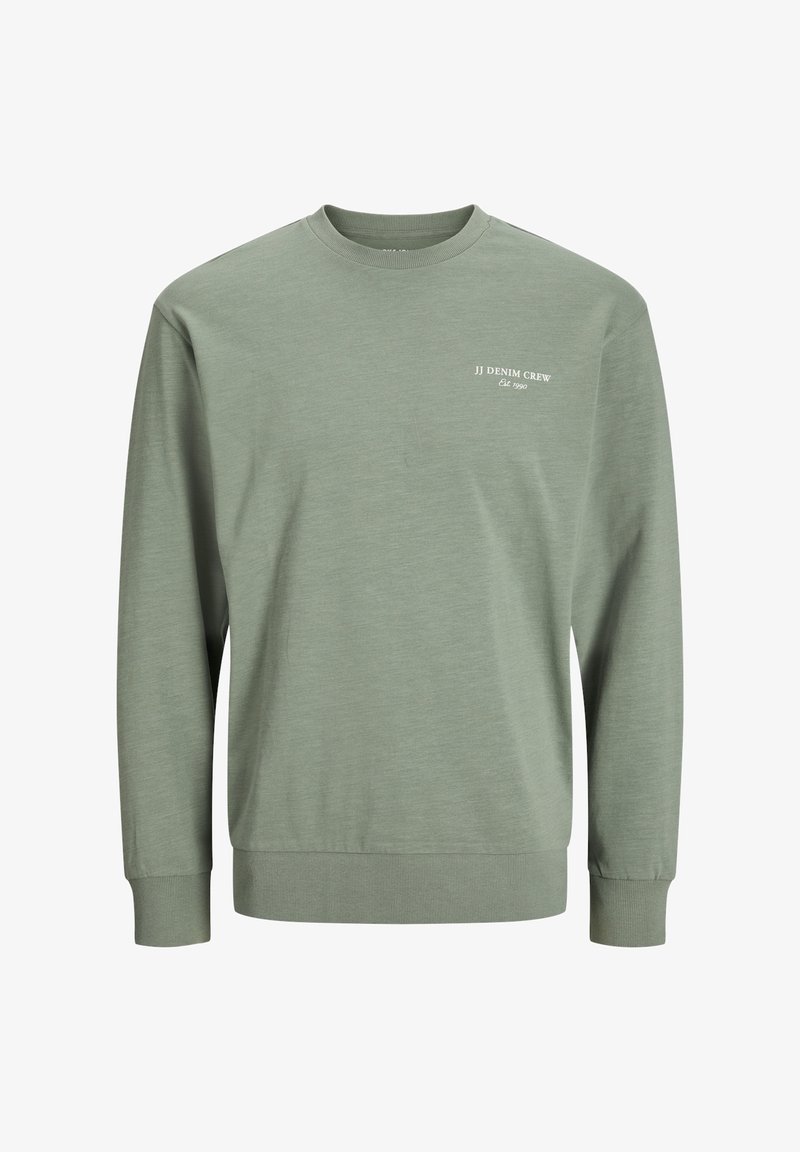 Grüner Rundhalsausschnitt-Pullover aus weichem Stoff. Mit langen Ärmeln und gerippten Bündchen. "JJ DENIM CREW" Logo in Weiß auf der Brust.