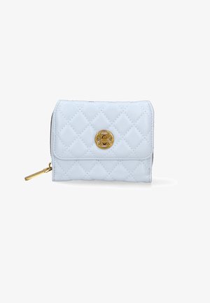 Portafoglio trapuntato azzurro chiaro con chiusura a molla rotonda dorata, caratterizzato da una chiusura a zip e un motivo testurizzato. Forma rettangolare compatta.