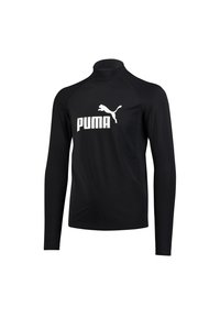 Schwarzes, langärmliges Sportshirt aus glattem Material, mit einem hohen Kragen und einem großen weißen Puma-Logo auf der Vorderseite.