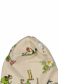 Vaaleanruskea puuvillapipo, jossa on värikkäitä eläin- ja kasvi-ilmeitä, hieman lähellä olevan yläosan kanssa ja pehmeä rakenne.