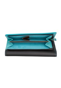 Black leather wallet with a turquoise interior, featuring a zippered compartment and multiple card slots. Notable blue stitching detail.