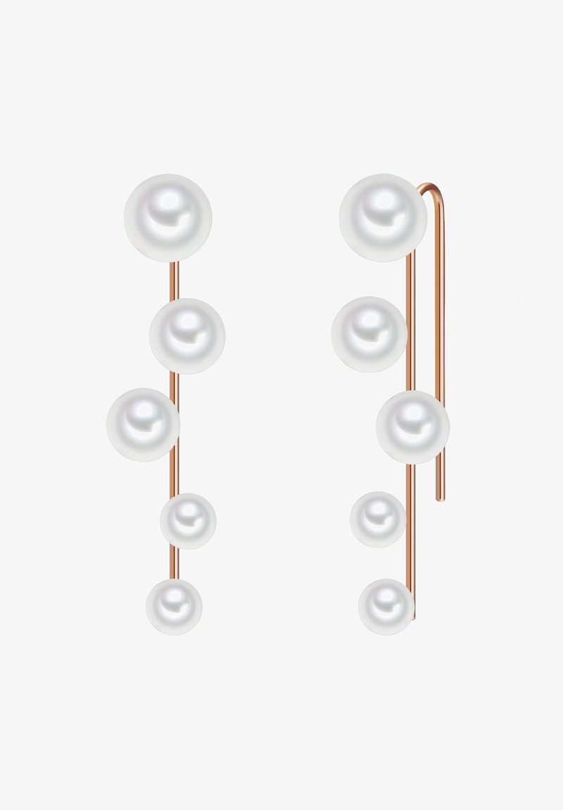 Pendientes de oro rosa con seis perlas blancas en graduación montadas en varillas delgadas. Cada perla es suave y brillante, lo que realza la elegancia general.