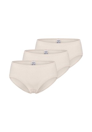 Three beige women's cotton briefs laid flat, each with a visible Mey brand tag on the waistband.