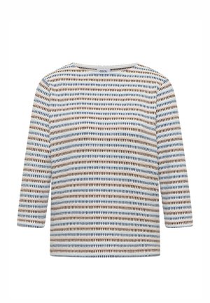 Pitkähihainen neulepaita, jossa on vaakaraitoja kermansävyssä, sinisen ja ruskean väreissä, pyöreä pääntie ja normaali istuvuus.