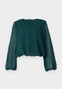 Dark green sheer blouse with zigzag pattern, long puffed sleeves, and gathered neckline and hem.