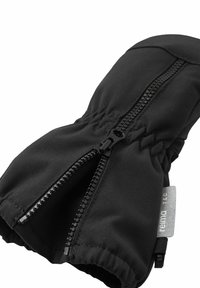 Schwarze Outdoor-Handschuhe mit einem Stoffaußenmaterial, einem Reißverschluss, einem elastischen Bündchen und einem kleinen Markenetikett an der Seite. Strukturiertes Material.