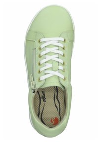 Light green leather sneaker with white laces, a side zipper, and beige patterned insole featuring a red logo. Smooth texture and rounded toe.
