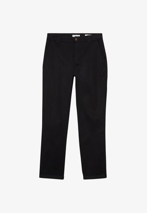 Musta puuvillatrikoot, joissa on suora lahje, etupainikekiinnitys, kaksi sivutaskua ja käännetyt hihnat.