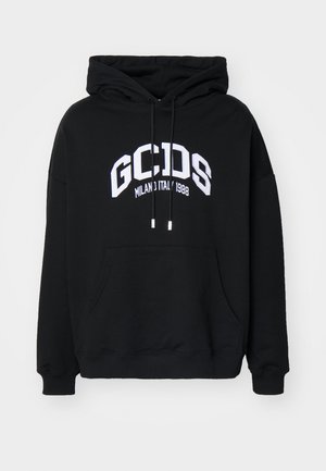Hoodie noir en mélange de coton, avec une poche kangourou à l'avant, des cordons de serrage et un graphique audacieux blanc "GCDS MILANO 1988".