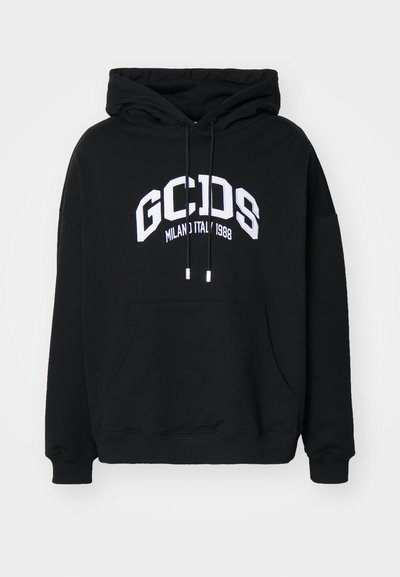 Felpa nera in misto cotone, con tasca frontale a marsupio, coulisse e grande grafica bianca "GCDS MILANO 1988".