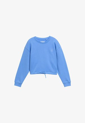 Niebieski krótki sweatshirt z miękkiego materiału, z okrągłym dekoltem, długimi rękawami i sznurkiem u dołu. Zawiera mały graficzny detal.