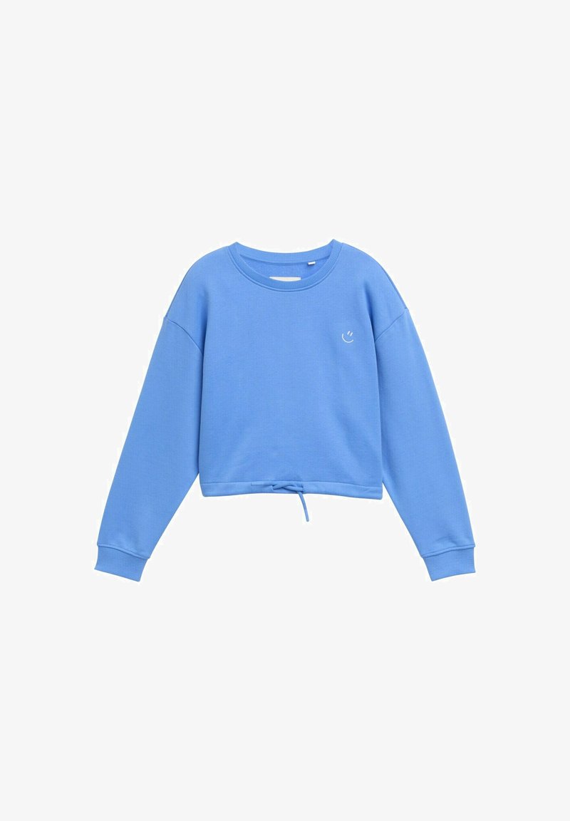 Blauwe cropped sweatshirt van zacht materiaal, met een ronde halslijn, lange mouwen en een koord aan de onderrand. Inclusief een klein grafisch detail.