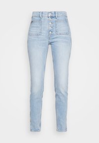 Light blue high-waisted skinny jeans with exposed front button closure and two front patch pockets on a plain background.