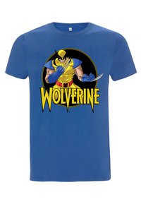 Modré bavlněné tričko s grafikou Wolverine v žlutém kostýmu s drápy, černým kruhovým pozadím a textem "WOLVERINE" v žluté barvě.