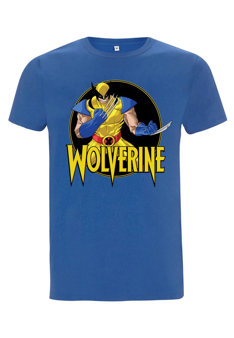 Modré bavlněné tričko s grafikou Wolverine v žlutém kostýmu s drápy, černým kruhovým pozadím a textem "WOLVERINE" v žluté barvě.