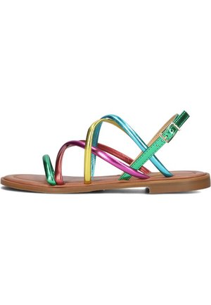 Multicolored sandals featuring metallic blue, green, pink, and gold straps. Sleek flat sole with a brown base and adjustable buckle detail.