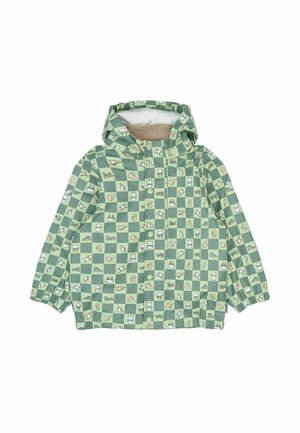 Grøn vandtæt jakke med ternet mønster med forskellige ikoner, elastiske ærmekanter og hætte. Foret indvendigt for komfort.