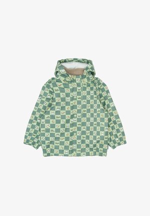 Grøn vandtæt jakke med ternet mønster med forskellige ikoner, elastiske ærmekanter og hætte. Foret indvendigt for komfort.