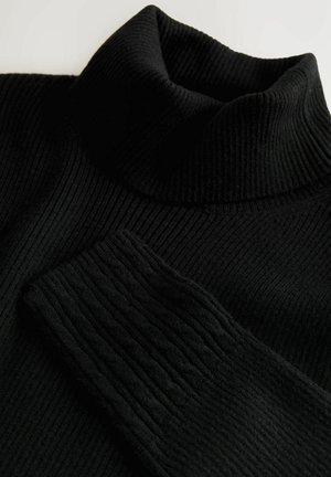 Musthave mustrippidega must turtleneck, käänatud krae ja ühe varruka detailse rippkudumisega.