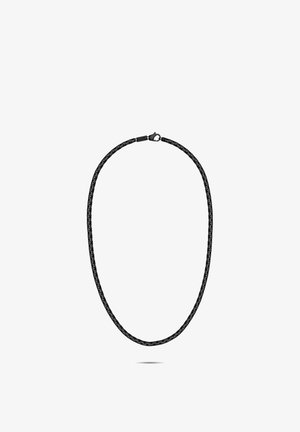 Schwarze geflochtene Lederkette mit glatter Oberfläche und einfachem Verschluss. Rundes Design mit flexibler, leichter Form.