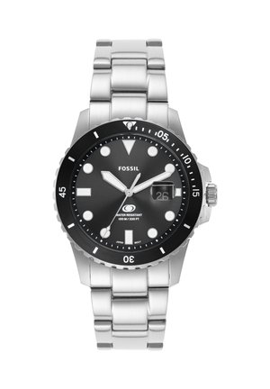 Fossil stainless steel watch with black bezel, black dial, white markers, date window at 3 o'clock, and water resistant up to 100 meters.