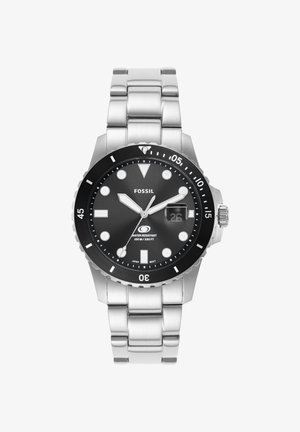 Fossil stainless steel watch with black bezel, black dial, white markers, date window at 3 o'clock, and water resistant up to 100 meters.