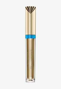 Guldmascaratube med ett randigt lock och ett blått band, märkt "MAX FACTOR X MASTERPIECE HIGH DEFINITION MASCARA."