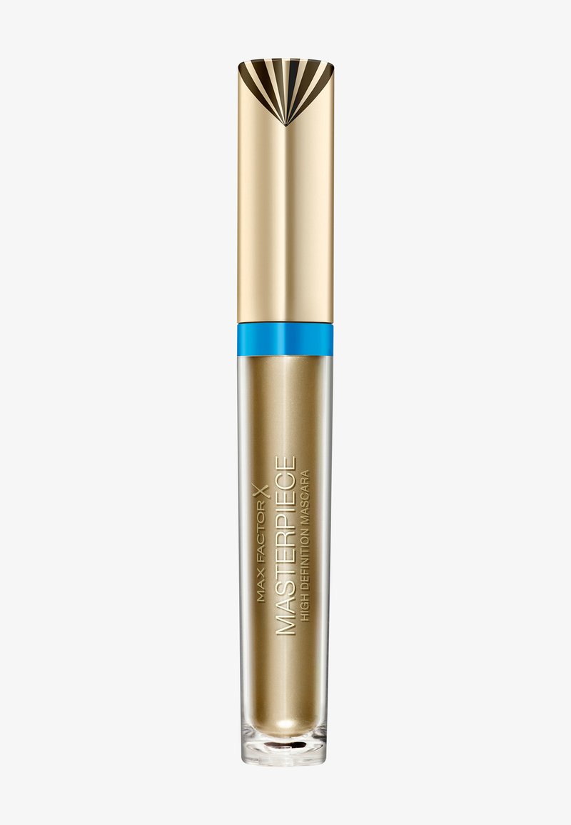 Tube de mascara doré avec un capuchon rayé et un bandeau bleu, étiqueté "MAX FACTOR X MASTERPIECE HIGH DEFINITION MASCARA."