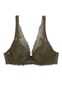 Soutien-gorge en dentelle vert olive avec une forme triangulaire, des motifs floraux complexes, des bords festonnés et un matériau en maille douce. Bretelles ajustables incluses.