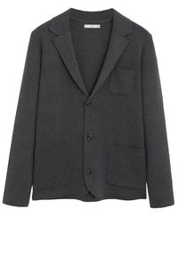Blazer in lana grigia scura con rever a punta, tre bottoni frontali, una tasca sul petto e due tasche applicate inferiori.