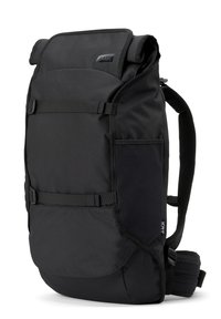 Black roll-top backpack made of durable fabric. Features adjustable straps, side pocket, and textured accents. Compact, functional design.