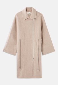 Beige wollen blend jas met een hoge kraag, ritssluiting aan de voorkant, zijzakken en brede mouwen; gladde textuur en minimalistisch design.