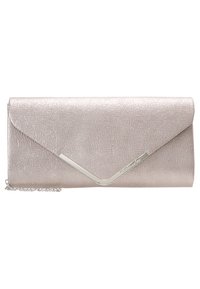 Metallinen vaaleanpunainen laukku kirjekuoren muotoisena, teksturoitu pinta, hopeanväriset yksityiskohdat ja ketjuhihna.