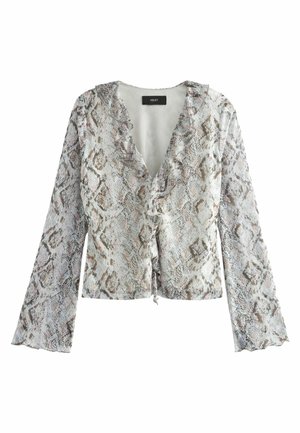 Klar langærmet top i et slangeskindsprint med nuancer af beige og grå. Blødt stof med en flæsekrave og bånddetalje.