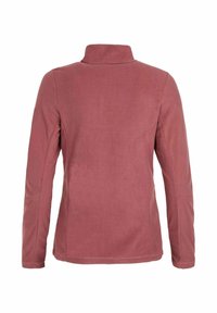 Zadní pohled na dlouhý růžový fleecový kabát s dlouhými rukávy, stojatým límcem a čistým, detailně prošitým designem.