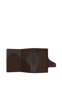 Brown leather wallet with a smooth texture, featuring a grey felt accent and a snap closure. The interior has card slots and a compartment.