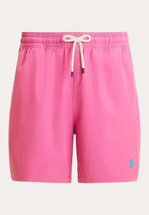 Różowe kąpielówki z elastycznym pasem ze ściągaczem i kontrastowym przeszyciem. Na dolnej prawej stronie znajduje się małe, niebieskie, haftowane logo.