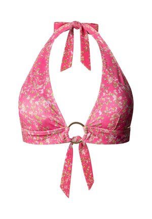 Rosa Blumen-Halfter-Bikinitop mit einem zentralen goldenen Ring und gebundenen Trägern am Hals und Rücken.