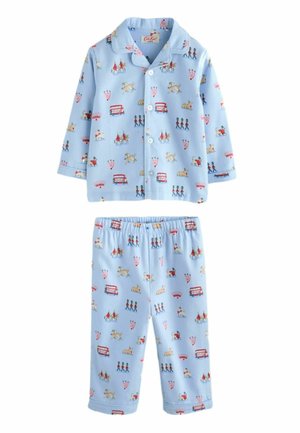 Hellblaue Kinder-Pyjamas mit Knopfleiste am Oberteil und elastischen Hosenbund, mit London-Motiven wie Wachen, Bussen, Hunden und Kronen bedruckt.