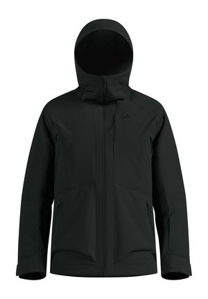 Schwarze wasserdichte Jacke mit durchgehendem Reißverschluss, verstellbarer Kapuze, zwei Frontreißverschlusstaschen und strukturierter Oberfläche für erhöhte Strapazierfähigkeit.