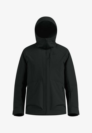 Schwarze wasserdichte Jacke mit durchgehendem Reißverschluss, verstellbarer Kapuze, zwei Frontreißverschlusstaschen und strukturierter Oberfläche für erhöhte Strapazierfähigkeit.