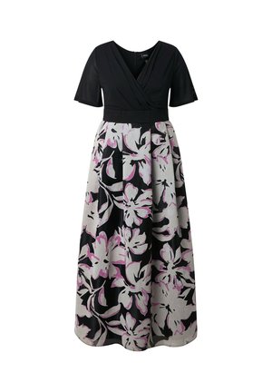 Schwarzes Kurzarmkleid mit tiefem V-Ausschnitt und langer Rockpartie, die große weiße und rosa Blumenmuster zeigt.